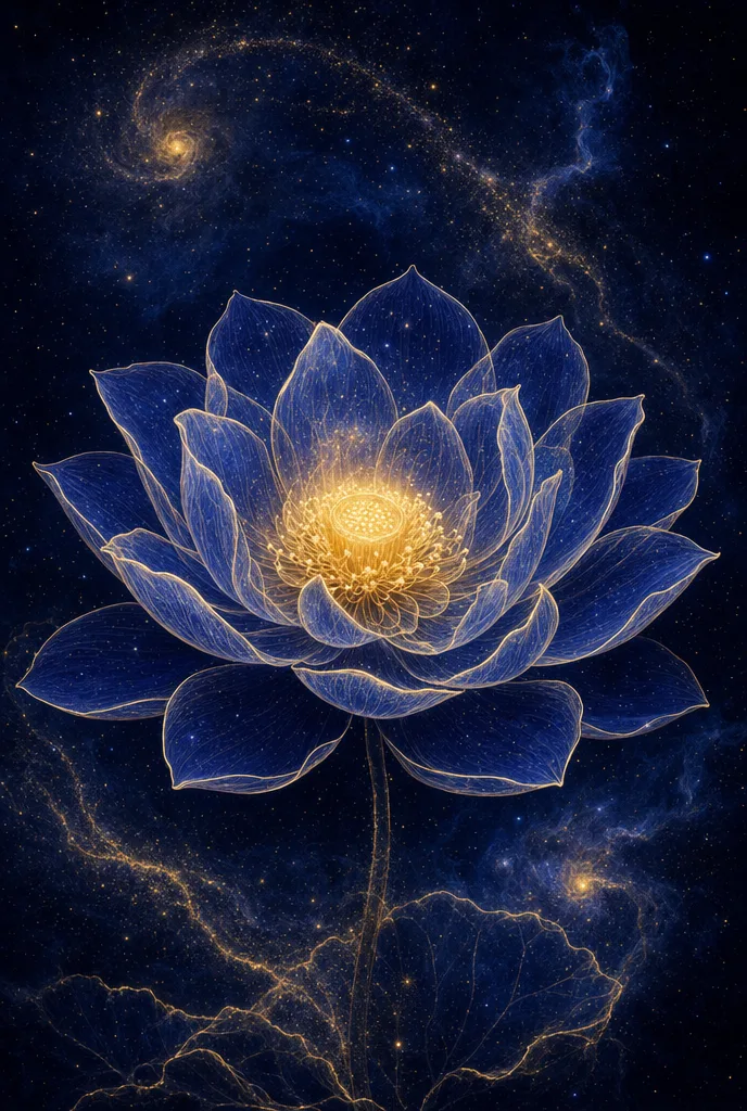 Exhibit plate: a lotus blooming as a nebula in royal blue and pale gold
